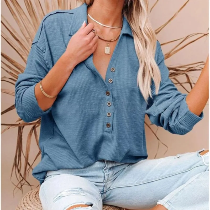 

Comfortable Pullover Loose Button V-Neck Casual 2023 Spring/Summer Fashion Women's Solid Color Long Sleeve Top T-shirt