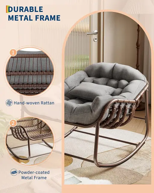 Oversized Rocking Chair,Wicker Rattan Relax Chair with Water-Resistant Cushion Sturdy Metal Frame for Sensory Comfort