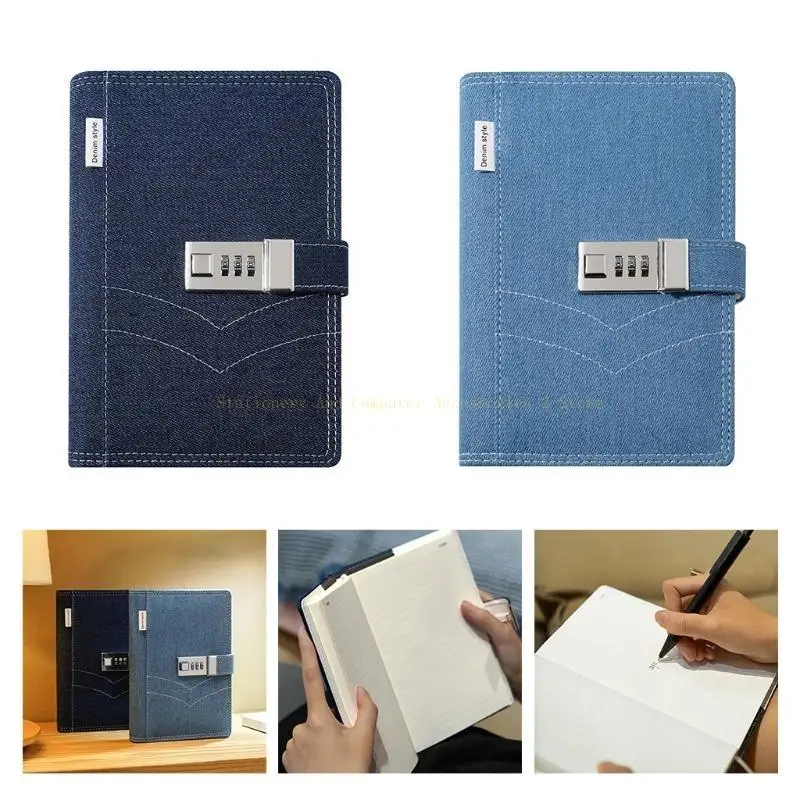 OfficeGift 용 복합 잠금 늘어선 노트북이있는 세련된 데님 커버 노트북