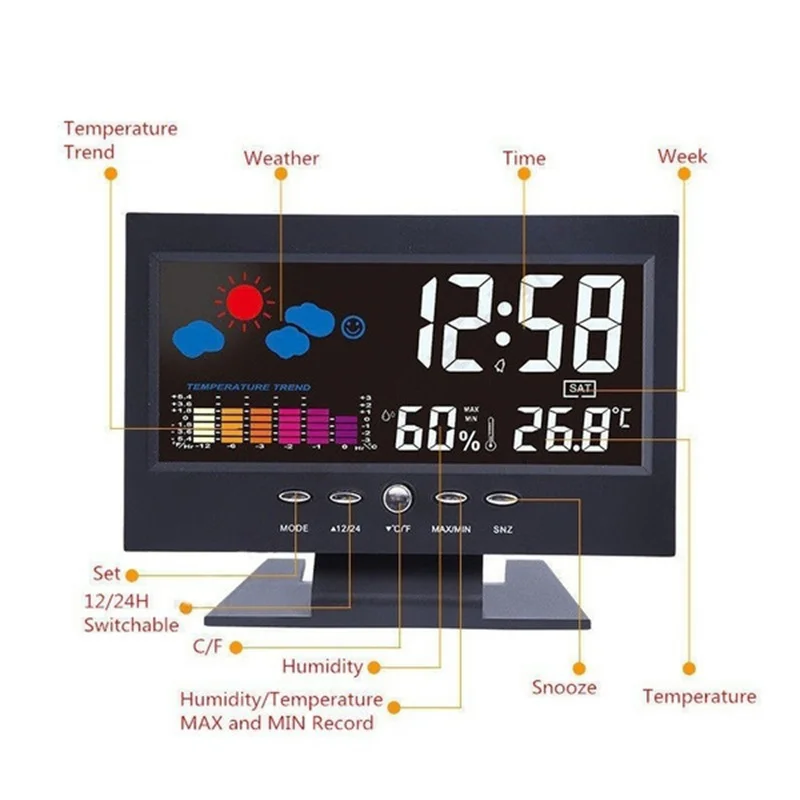Lcd Digital Clock Weather Clock Digital Desk Clock Digital Clock Weather Station Display Mini Weather Clock Digital Table Clock Led Screen Digital Backlight Indoor Weather Station Snooze Alarm Clock Time/Date/Week/Alarm/Temp/Humidity/Weather/Snooze Display