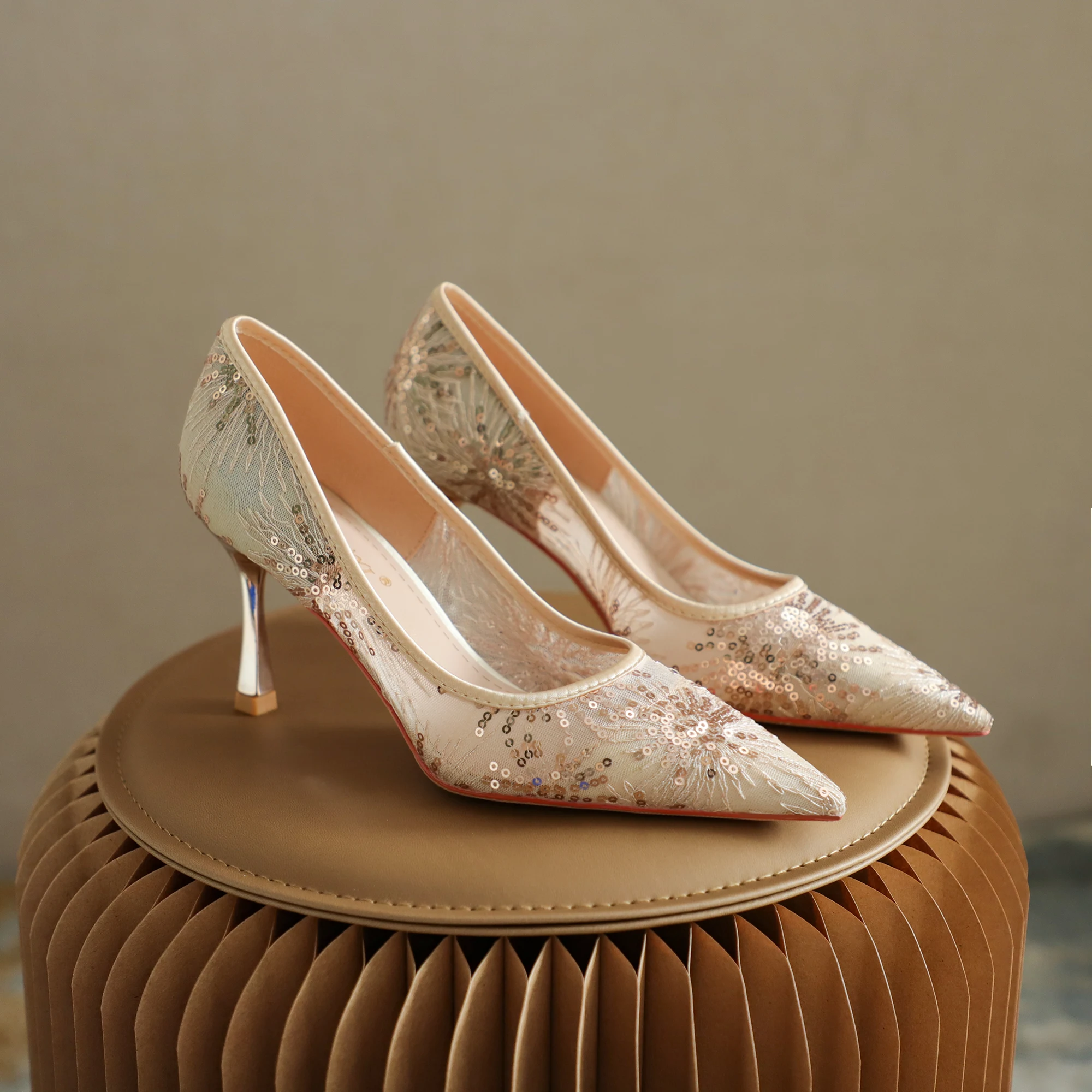 Xibeilove New 2024 Summer Mesh Breathable High Heel Pointed High Heel Shoes Women's Single Shoes Blue Banquet Shoes