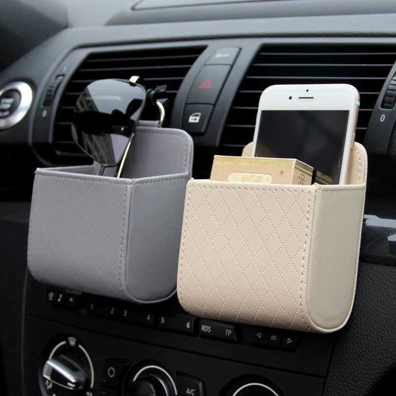 Car Storage Bag Car Accessories Air Vent Dashboard Tidy Hanging PU Leather Organizer Box Glasses Phone Holder Storage Organize
