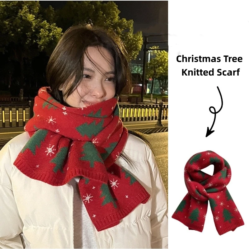 Christmas Warm Knitted Scarf For Women-Red Green Versatile Autumn Winter Neck Protection Scarf Festive Christmas Gift Accessory