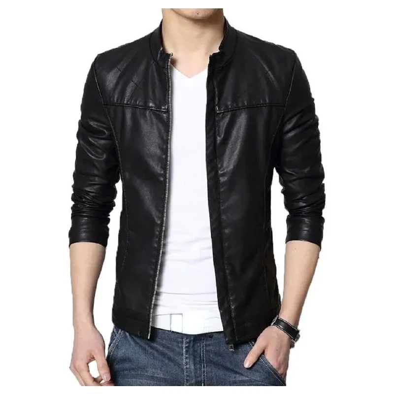 

Mens Casual Zip Up Slim Bomber Real Biker Leather Jacket