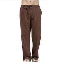 Men Casual Linen Work Pants Summer Spring Solid Green Brown Straight Golf Long Pants - Image 2