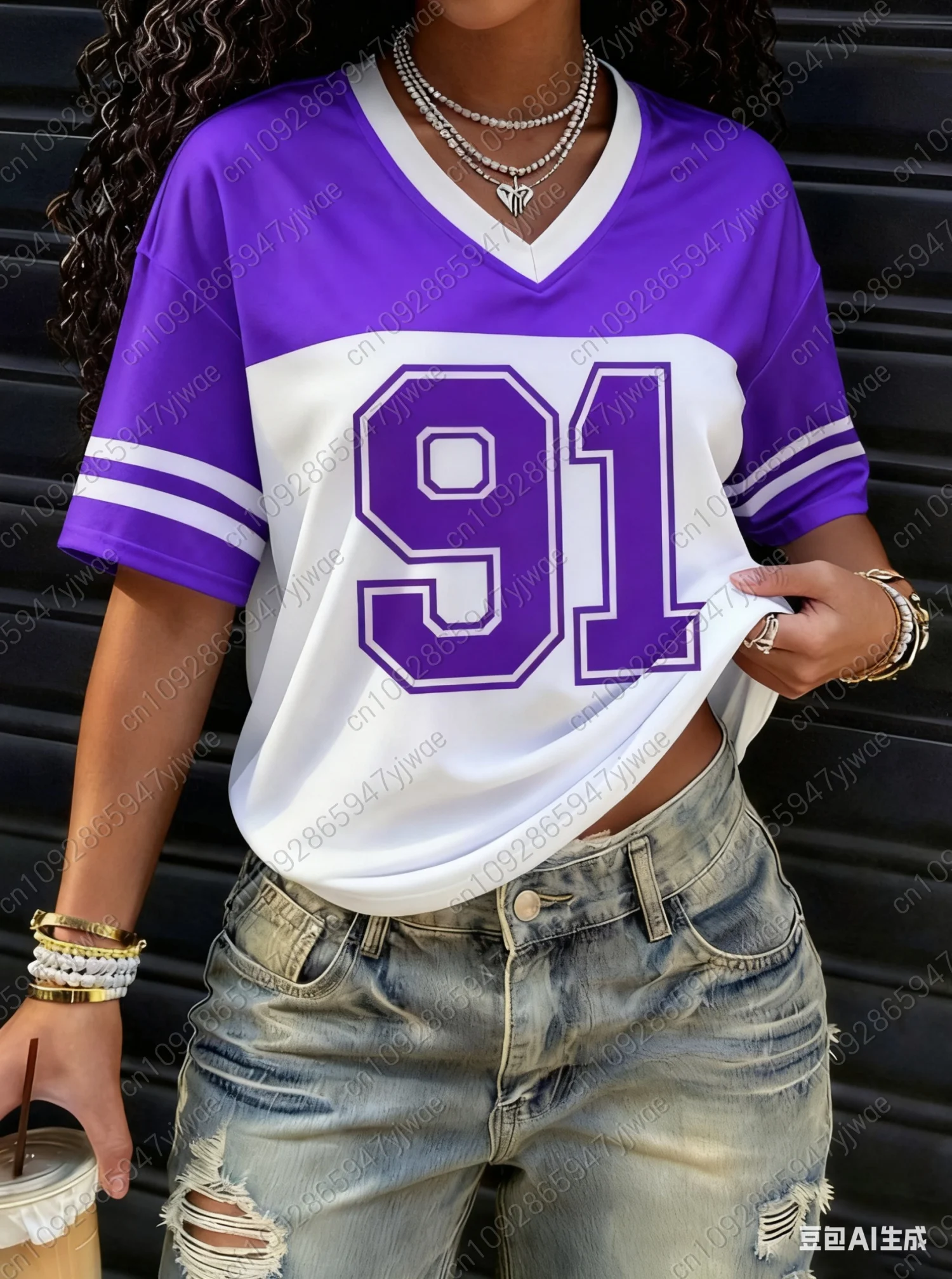 2025 American style Women BUMBER 91 Print Lightweight Breathable V-Neck Short Sleeved baseball T-Shirt Women Jersey T-Shirt 4