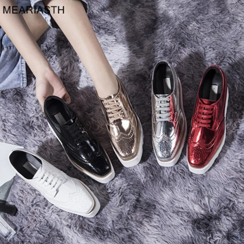 

high quality Black White golden silver five Stars Shoes Women Square Toe lace-up thick Bottom Platform Wedge heel Casual Shoes