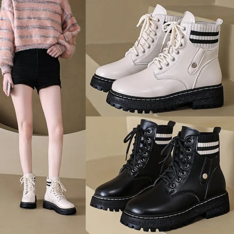 Boots Women British Style Sexy Winter New Leather Women Chelsea Boots Lace Up Thick-soled Fur Women Ankle Boots Fashion Comfort