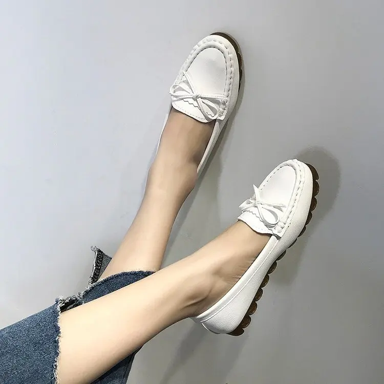 Peas Shoes Spring and Autumn Flat Bottom Shallow Mouth Bow Women's Shoes Casual Slip-on Slip-on Shoes Loafers Mother Shoes 35-43