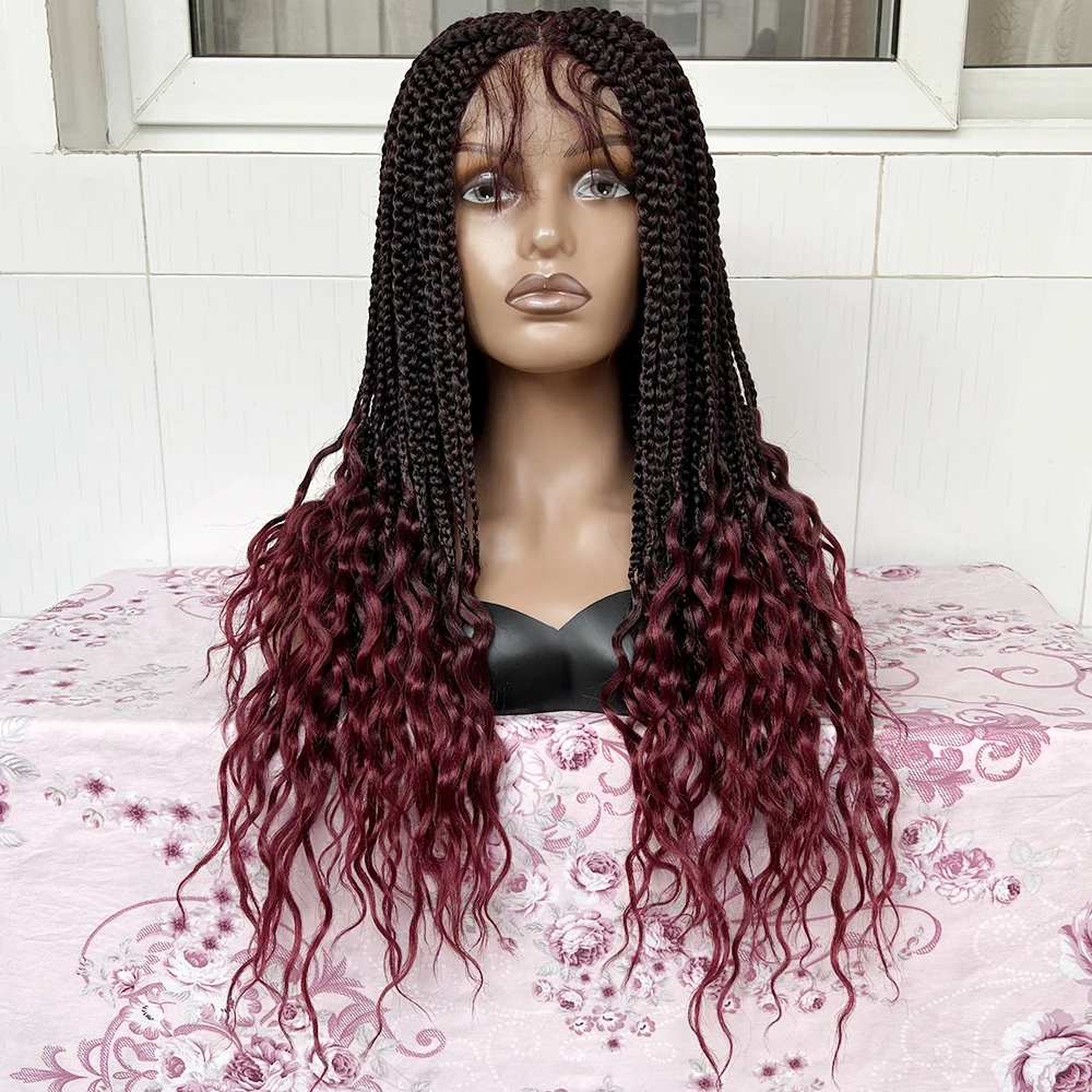 

Synthetic African Woman Braid Wig Box Braided Wig Curly End Wigs for Women 4x4 Lace Front Braiding Hair Wig With Baby Hair