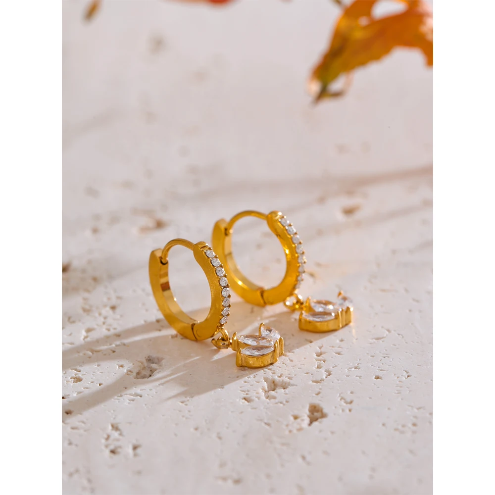 Yhpup Cubic Zirconia Flower Drop Hoop Earrings Stainless Steel Gold