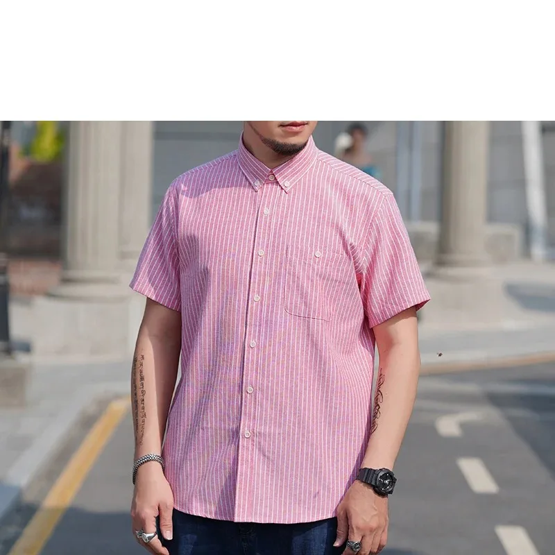 Men's Short Sleeve Summer Solid Pockets Turn-down Collar England Style Button Striped Cardigan Casual Office Lady Shirt Tops