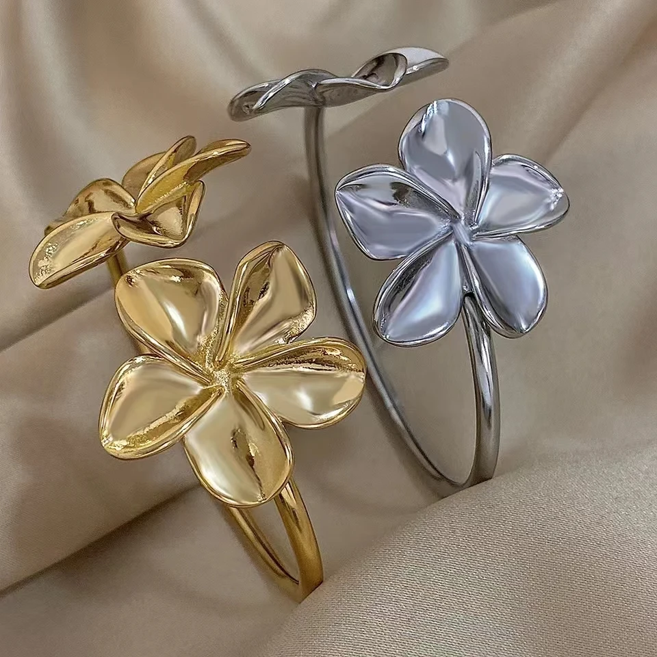 Stylish Double Big Flower Cuff Bracelet Fashion Creative Gold/Silver Color Metal Floral Bangle For Women Personality Simple Dail bangle bracelet