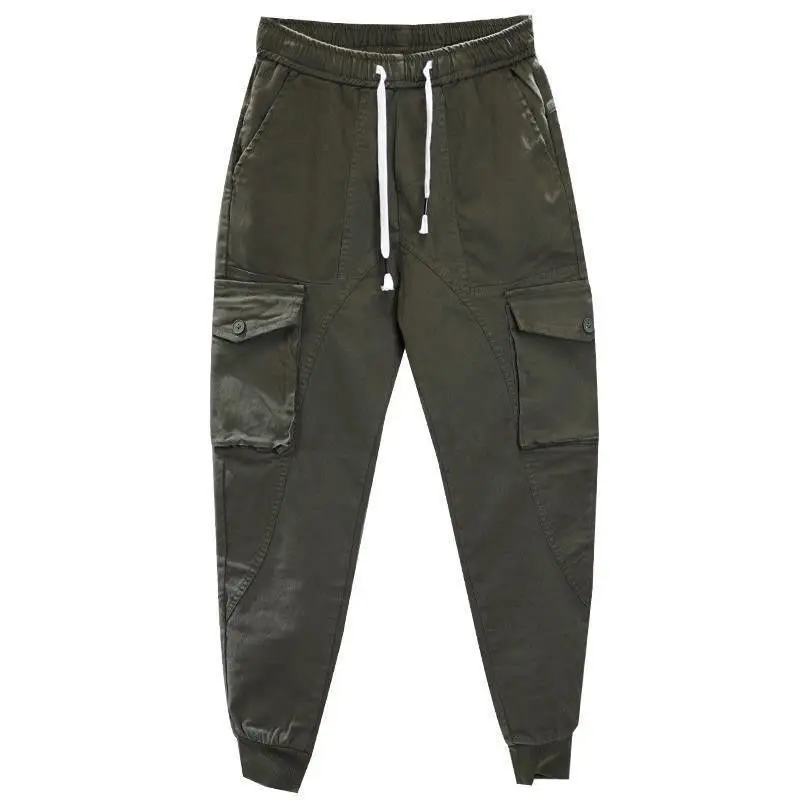 Spring Autumn New Solid Color Fashion Elastic Waist Cargo Pants Man High Street Pure Cotton Pocket Patchwork Drawstring Trousers