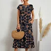 Loose Cotton Linen Women's Summer Dress round Neck Pocket Print Cross-Border New Style Full-Length Ankle-Length Gown