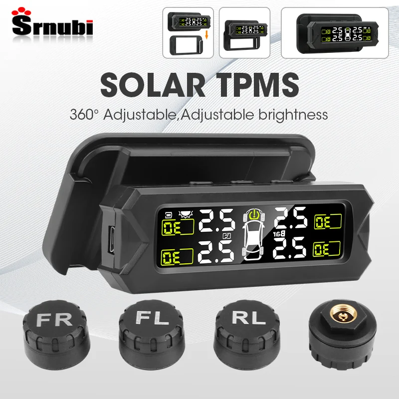 Srnubi Car TPMS Tire Pressure Alarm Monitoring System Tyre Sensor Solar Charge With Bracket 360 Adjustable IP68 Waterproof 6bar