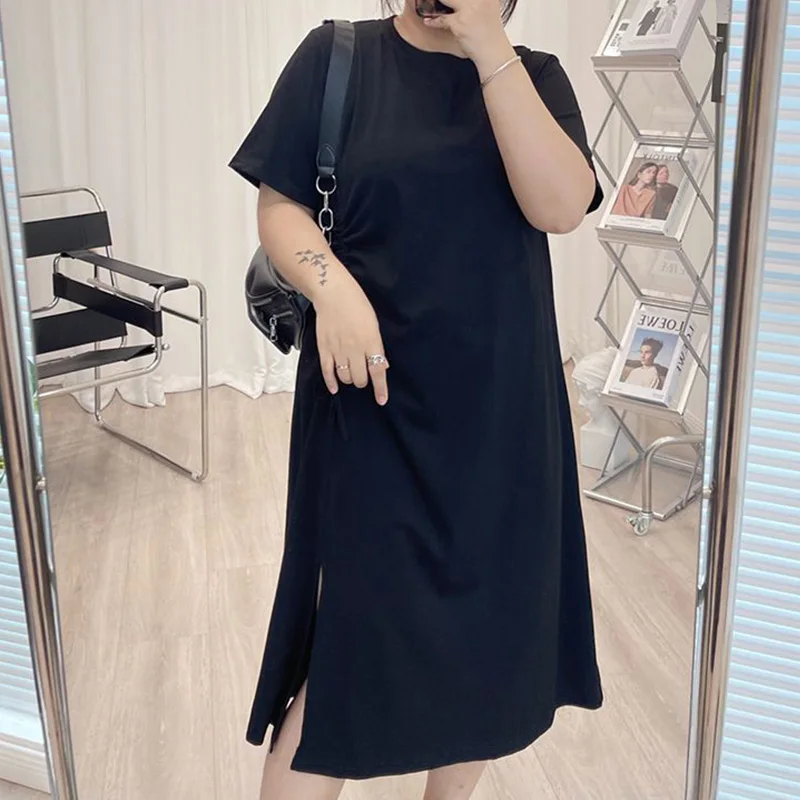 Plus Size Summer Clothes for Women Solid Color Round Neck Side Shirring Short Sleeve Split T-shirt Casual Mid Length Dresses