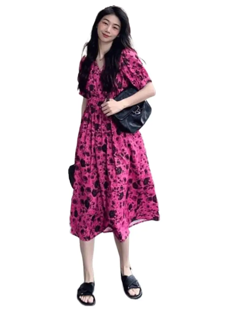 

Summer Cotton Feminine V-Neck Sweet Korea Print Retro Long Dress Mid-Calf Puff Sleeve High Waist Vintage Gentle Holiday Vestidos