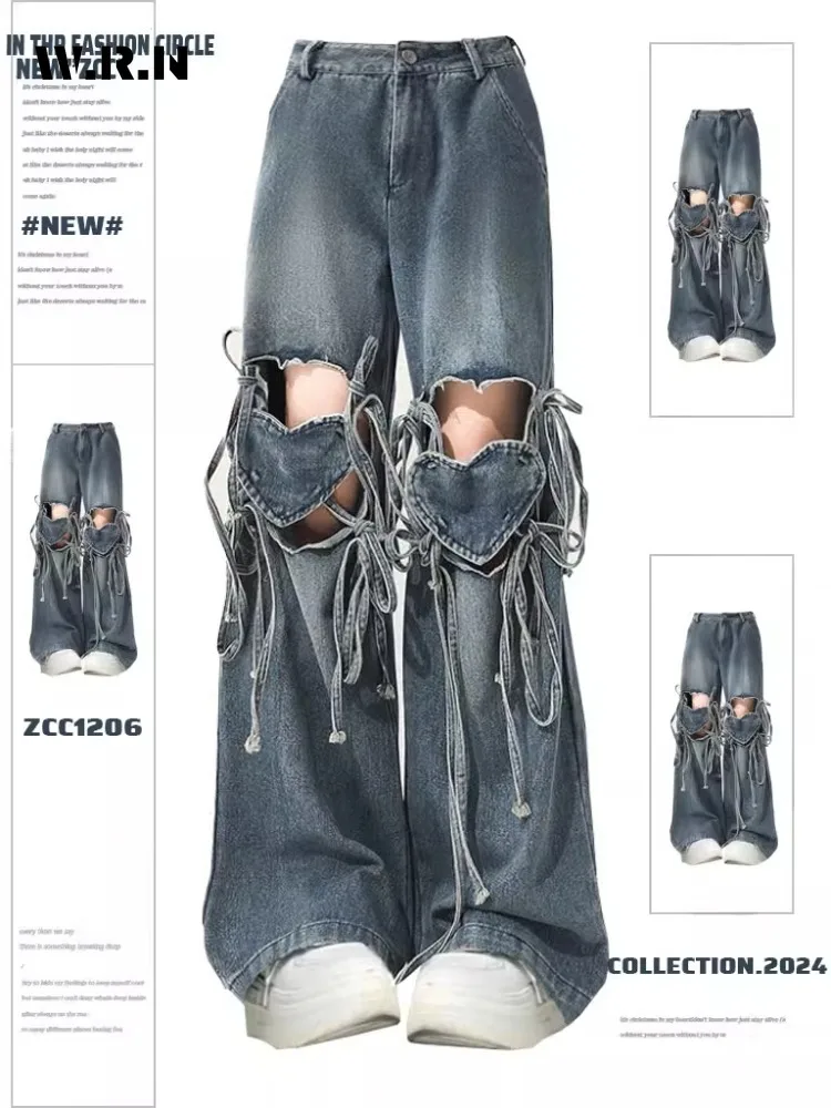 

Винтажные свободные джинсы в стиле Харадзюку Y2K, с вырезами, синие брюки, женские модные широкие брюки, мешковатые рваные джинсовые брюки с бахромой