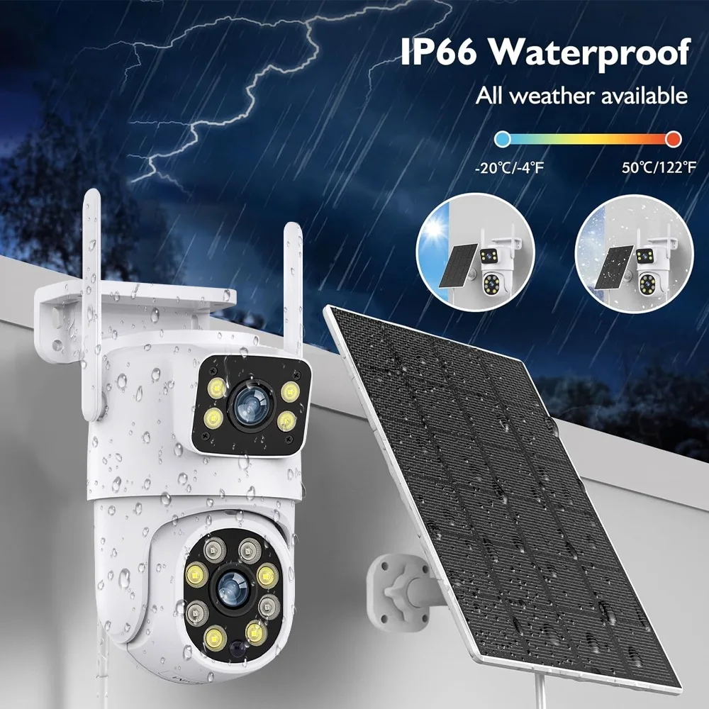 Wifi Camera Solar Camera Solar Security Camera Surveillance Camera Tuya Solar Camera WiFi Outdoor 10MP Dual Lens 4K Wireless Dual Screen PTZ Security Camera Low Power Battery Cam Motion Detection