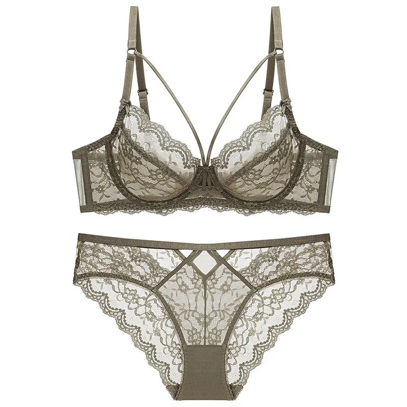 Ensemble de lingerie ultra-fine en dentelle pour femme, soutien-gorge doux à armatures avec effet push-up, conçu pour minimiser l'apparence du buste et prévenir la fléchissement