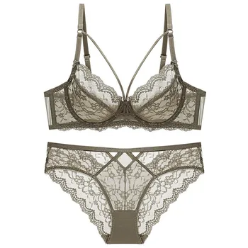 Ensemble de lingerie ultra-fine en dentelle pour femme, soutien-gorge doux à armatures avec effet push-up, conçu pour minimiser l'apparence du buste et prévenir la fléchissement