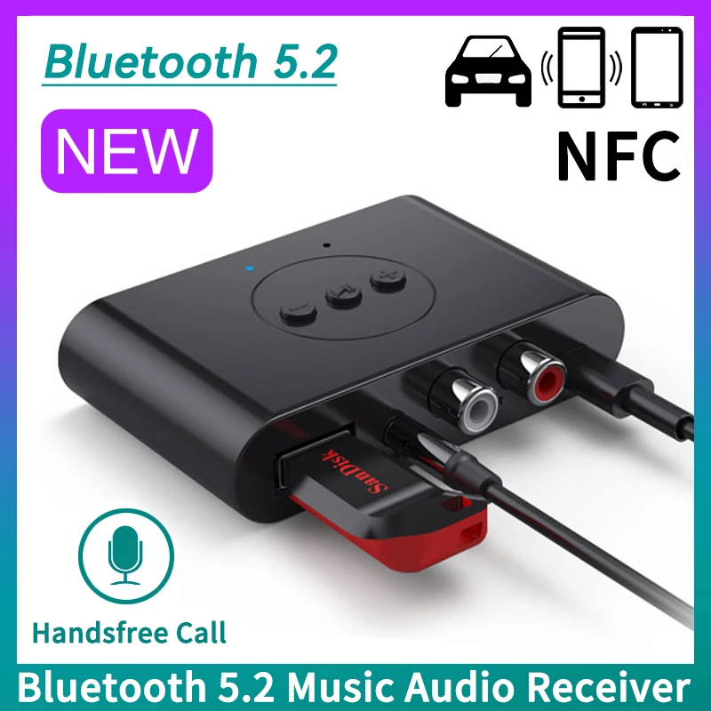 Bluetooth 5.2 오디오 수신기 NFC U 디스크 RCA 3.5mm AUX USB 스테레오 음악 무선 어댑터 (차량용 키트 스피커 앰프 용 마이크 포함)