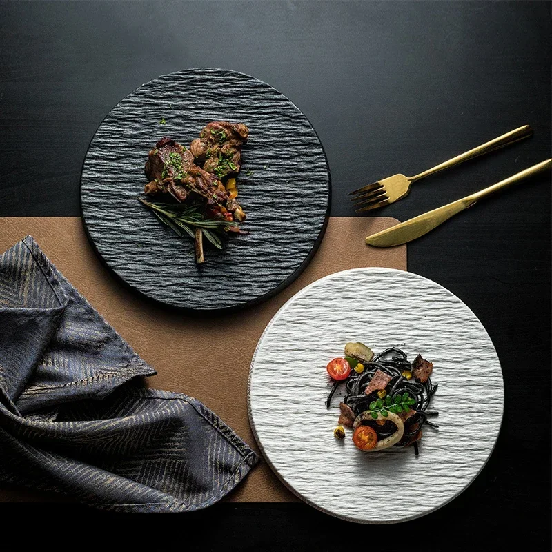 Dining Dish Creative Western Tableware Ceramic Round Steak Pasta Plate Kitchen Utensils Fine Cooking Dishes Black Stone Grain Flat Plate