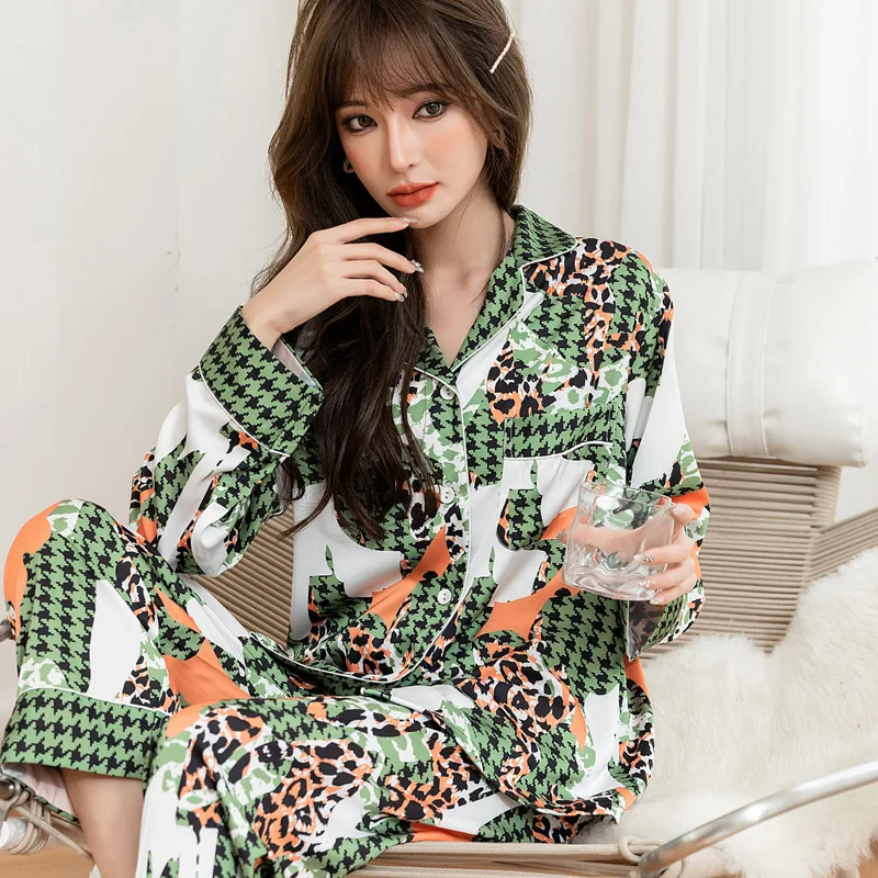 

Print Pajamas Suit Sleep Set Nightgown Rayon Pyjamas Spring Nightwear Sleepwear Female Homewear Intimate Lingerie 2PCS Top&Pants