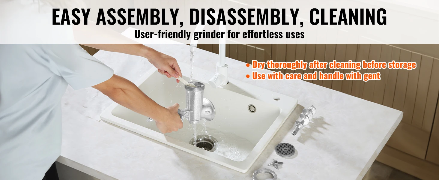 person cleaning a grinder in a white sink, VEVOR easy assembly and cleaning.