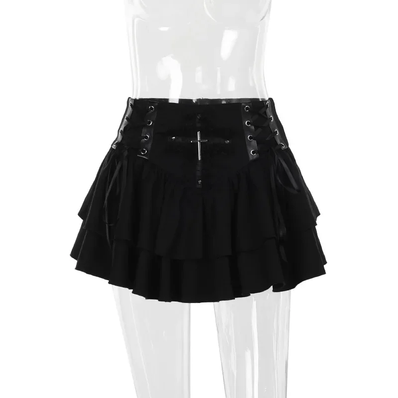 Black Lace Trim Cross Lace-up Mini Skirt Vintage Sexy Punk A-Line