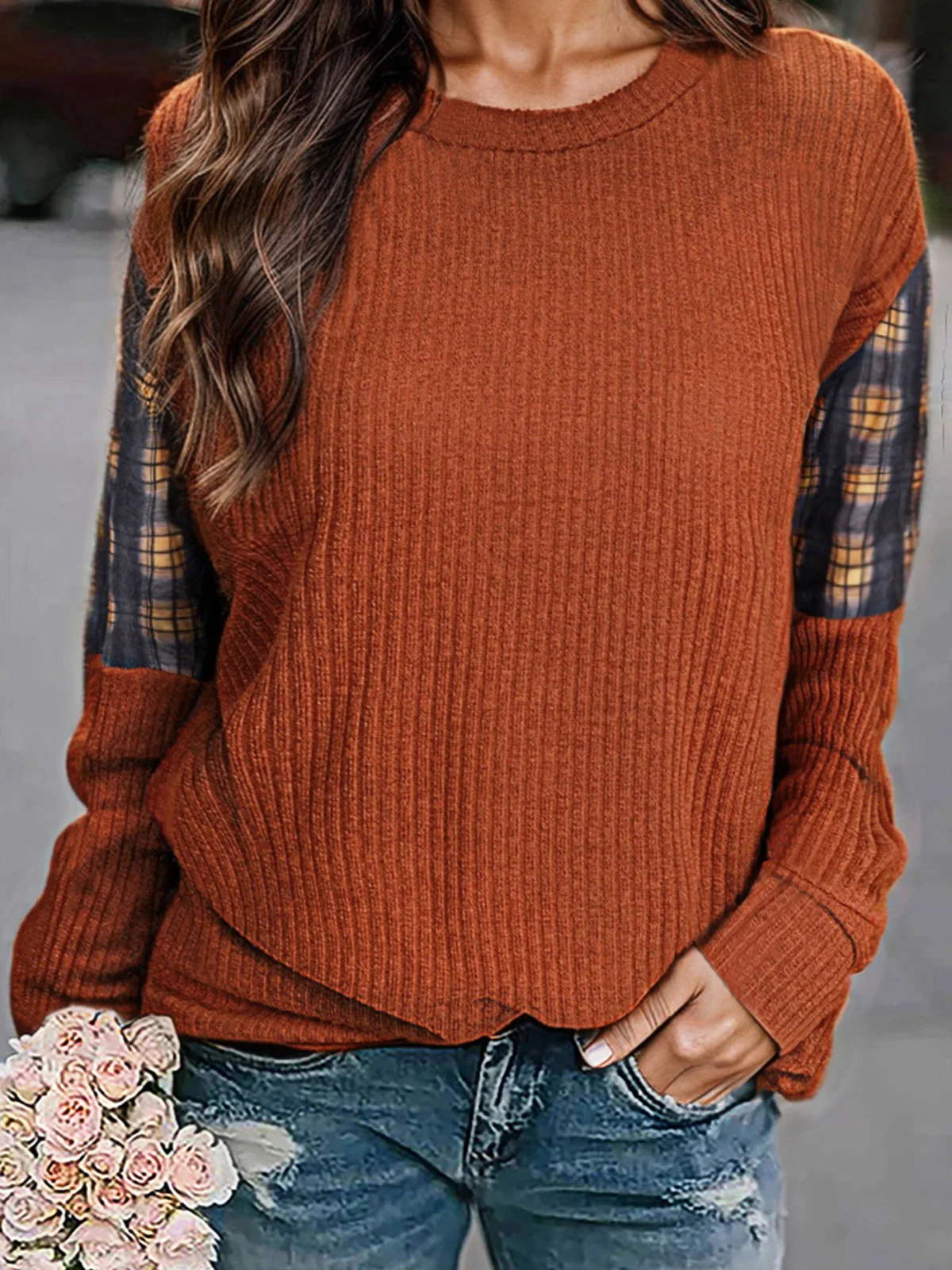 

Plaid Ribbed O-Neck Sweatshirt 2023 Retro Women Casual Harajuku Streetwear Comfy Autumn Commuter Fashion Long Sleeve Blouse