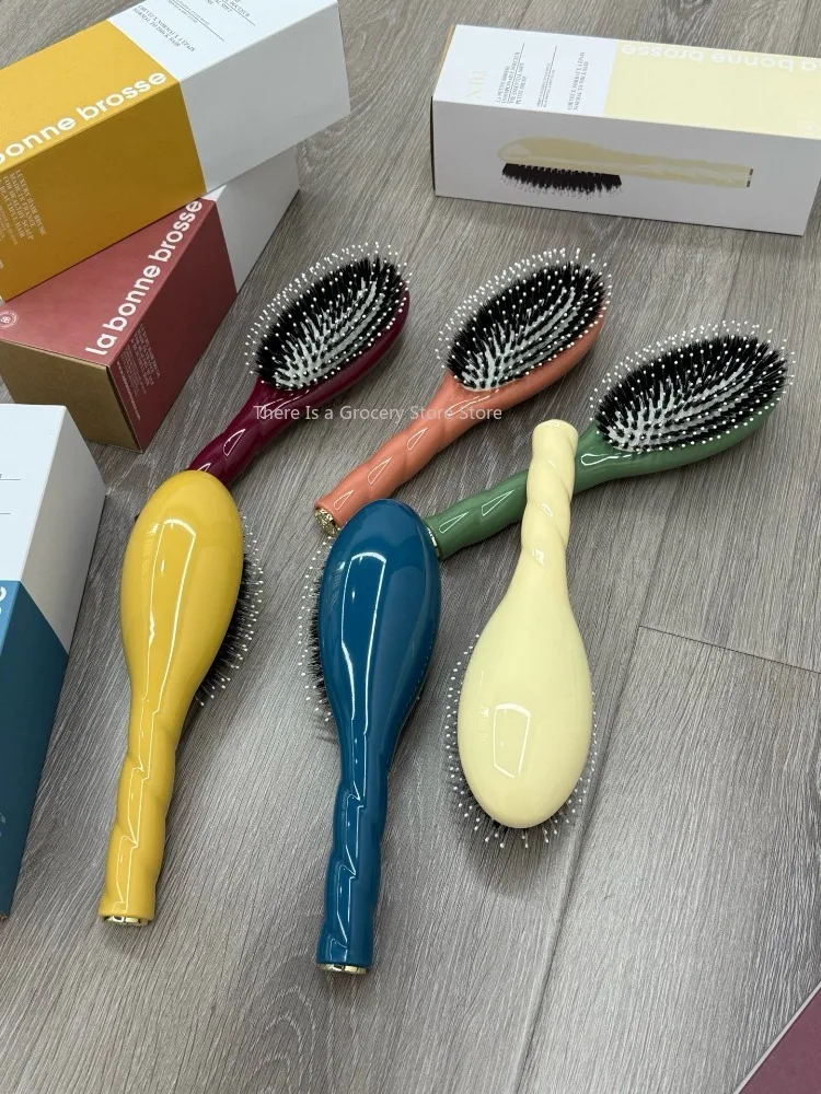 Brosse à cheveux en poils de sanglier naturels pour la brillance et les soins, masseur de cuir chevelu antistatique démêlant pour femmes et hommes, coffret cadeau de brosses à cheveux véganes