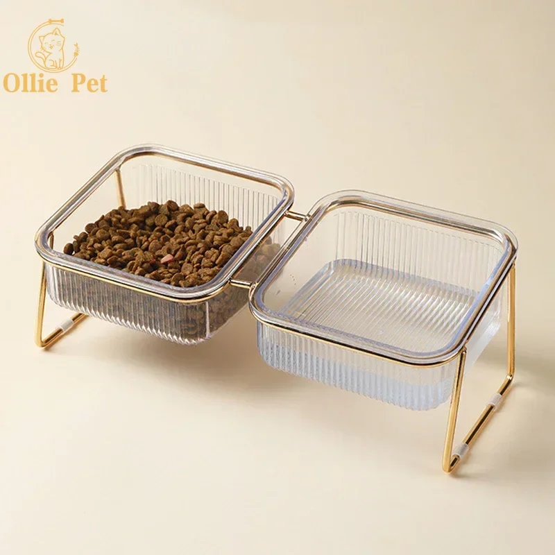 Cat Double Bowl Non-slip Transparent with Raised Stand Foot Puppy Food Feeding Dish Metal Elevated Water Feeder Easy To Clean