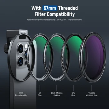 NEEWER 67mm Clip On Variable ND2-ND32 Phone Lens Filter Kit, Phone Clip with Threaded Adapter Ring/Cold Shoe/Locking Knob 4
