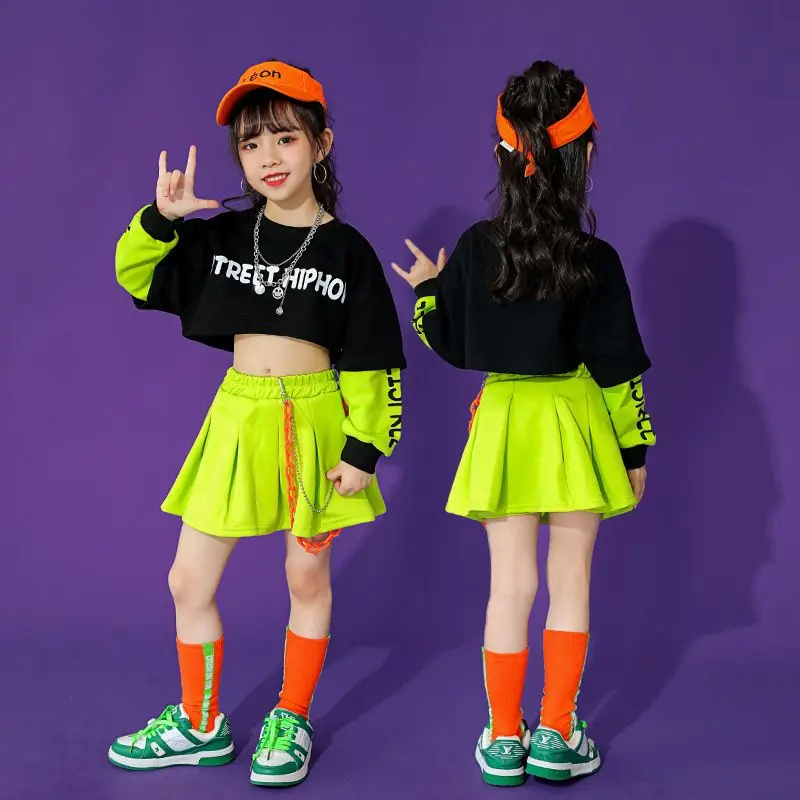 

Girls Hip Hop Crop Top Solid Skirts Street Dance Tee Bright Color Miniskirt Children Summer Streetwear Kids Jazz Clothes Sets