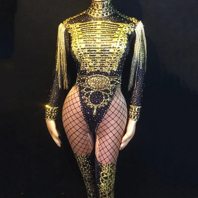 

Gold Rhinestones Tassel Skinny Jumpsuit Crystals Leotard Women Dance Team Jazz Dance Costume Bar Singer Army Uniform Stage Wear