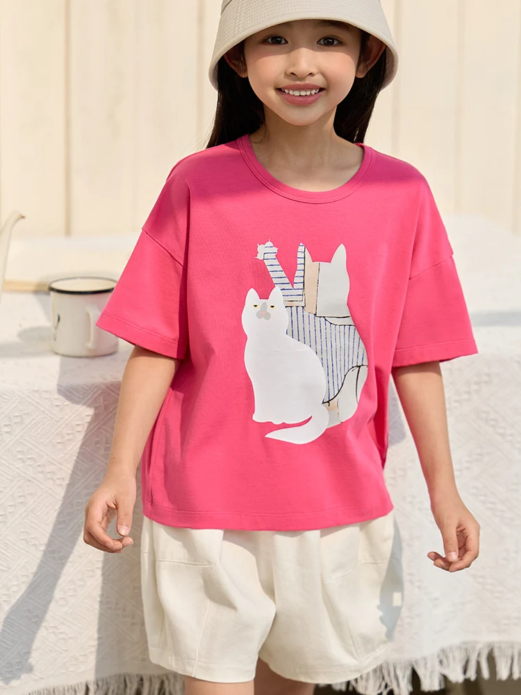 

Amii Kids Girls Tees T-Shirts for Kids New 2023 Summer Tops Kitty Cute Printed Casual Loose T-shirt Girls Clothes 22342043