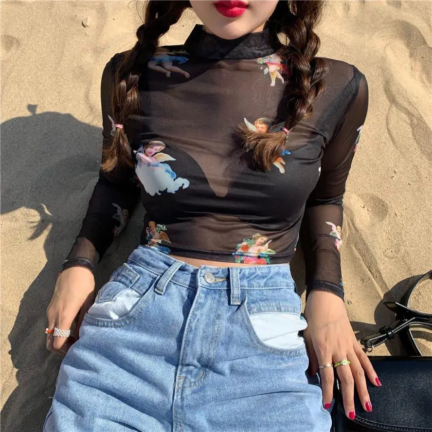 여성용 시스루 투명 메쉬 크롭탑, 시스루 긴팔 쉬어 슬림 터틀넥 블라우스, 패션 엔젤 티, 섹시한 여성 티셔츠