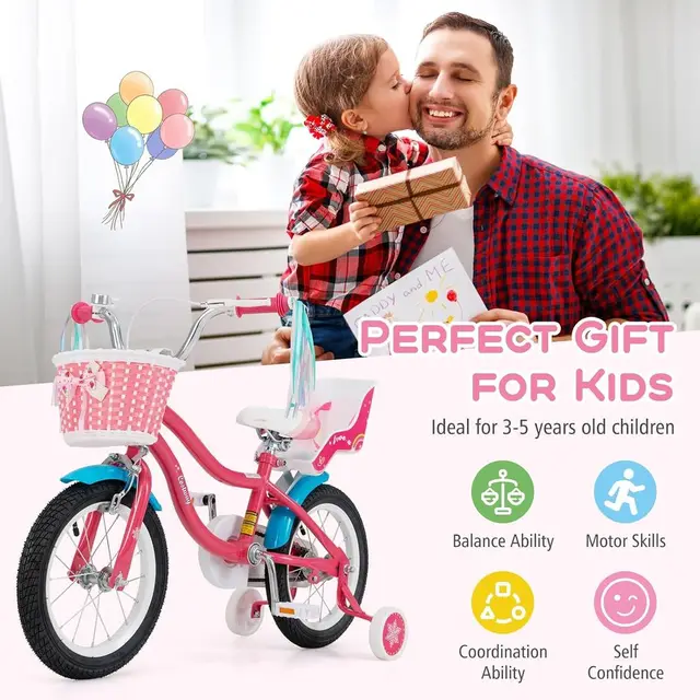 Children's 16/18 Inch Bike with Basket, Streamers, Training Wheels, Handbrake & Rear Brake for Ages 4-8