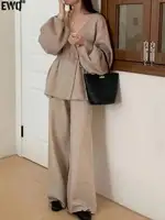 [EWQ] mode col en v à manches longues à lacets pull et taille haute pantalon décontracté femmes tricot ensemble vêtements 2025 automne nouveau 16O1719 1