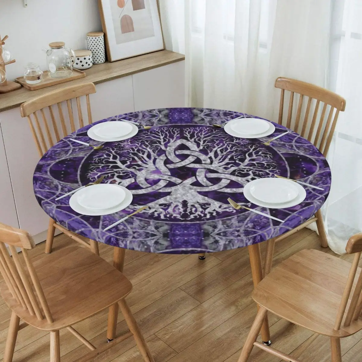 

Round Tree Of Life With Triquetra Table Cloth Waterproof Tablecloth 40"-44" Table Cover Backed with Elastic Edge