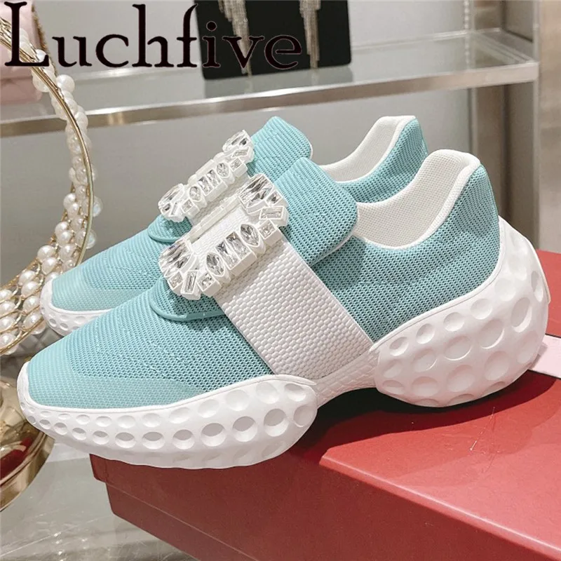 

2022 New Mesh Square Buckle Crystal Flats Women Thick Sole Round Toe Loafers Shoes Brand Casual Daily Shoes