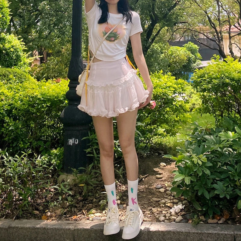 

Kawaii Cute Ruffle Skirt Women Pink Sweet High Waist Lace Patchwork Fairycore Mesh A-line Mini Skirt Summer Mori Girl