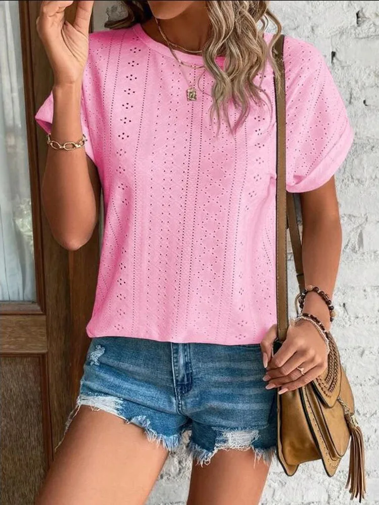 

Summer New Solid Color Hollowed Out Short Sleeve T Shirt Casual Women Retro Simple Fashion Matching Black White Blue T Shirt Top