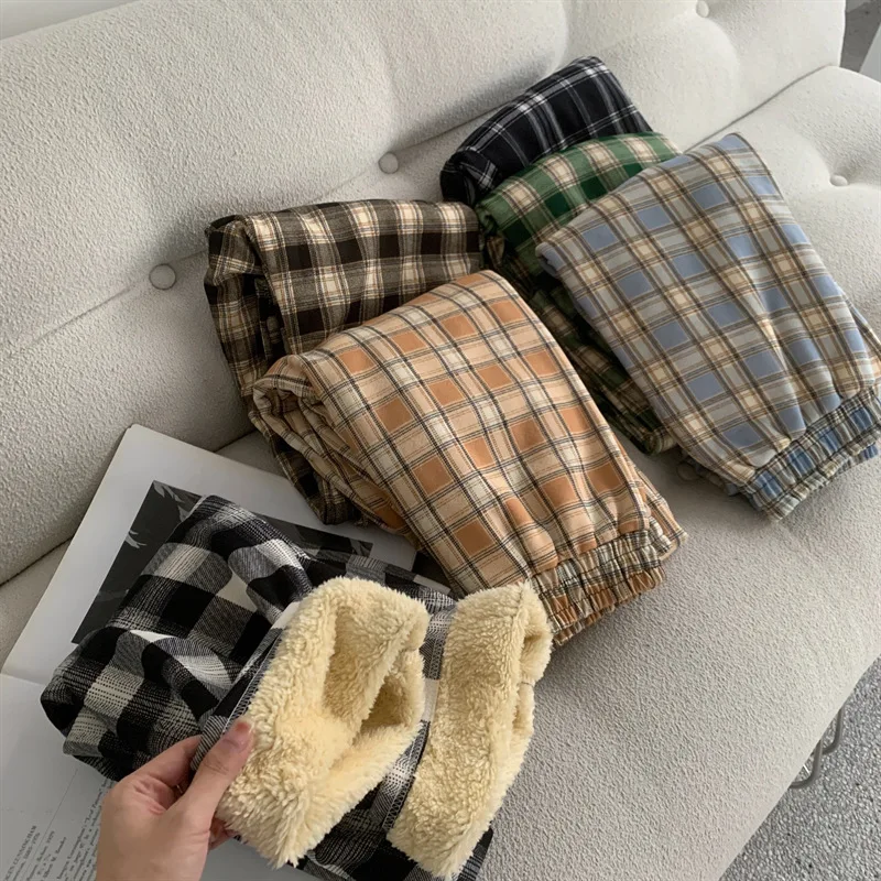 2025 Fashion Warm Plush Pants Cashmere Thick Plaid Maternity Ladies Winter Casual Loose Wide-legged Pants Korean Streetwear