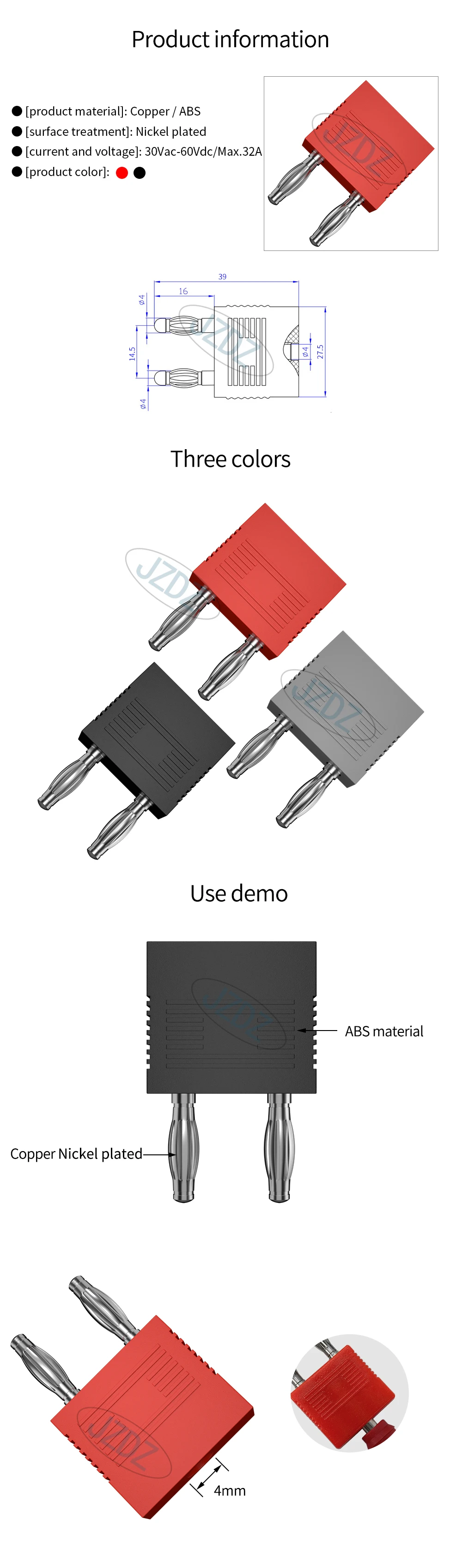 Jzdz 4pcs 4mm Bananen stecker Kurzschluss Doppel adapter zweireihig eine Buchse teilt zwei Männer Abstand 14mm j.20005 – Detail 1