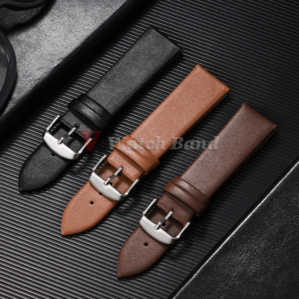 Elegant Vintage Brown Slim Leather Watch Strap - Ultra-Thin Wrist Band