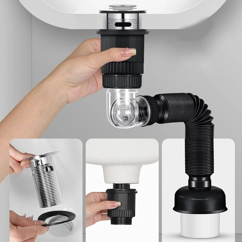 Drainage Pipe Set Bathroom Sink Drain Pipe Set Expandable Deodorization Washbasin Drainage Water Hose Rotate Kitchen Sink Anti-Blocking Sewer Tube
