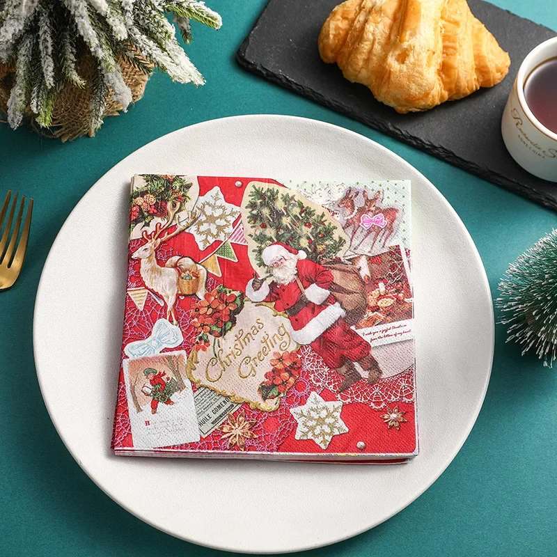 10/20pcs 33*33cm Christmas Party Decoration Paper Christmas Elements Printed Napkin Red Wine Glass Flower Dinner Plate Paper